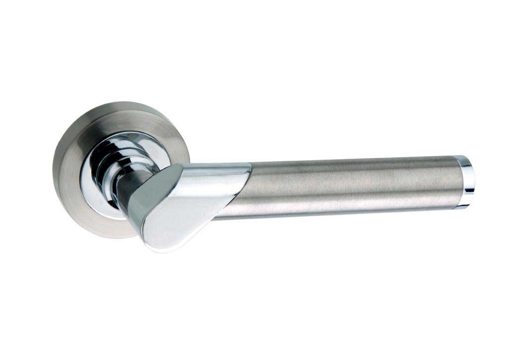 An image of Tunis Lever On Round Rose - Satin Nickel / Polished Chrome
