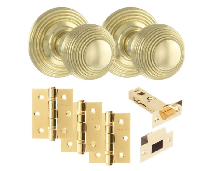 Ripon Round Reeded Mortice Door Knob - Polished Brass Fitting Pack