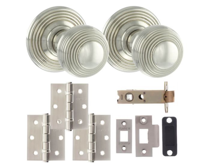 Ripon Round Reeded Mortice Door Knob - Polished Nickel Latch Pack