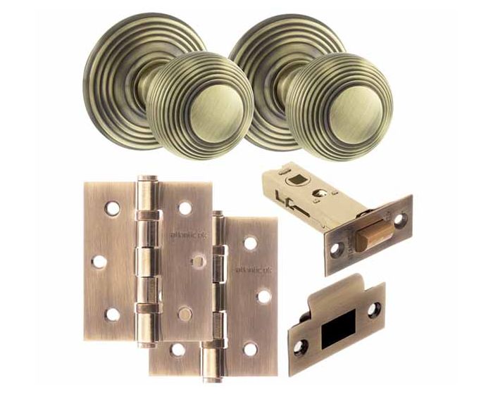 Ripon Round Reeded Mortice Door Knob - Antique Brass Latch Pack