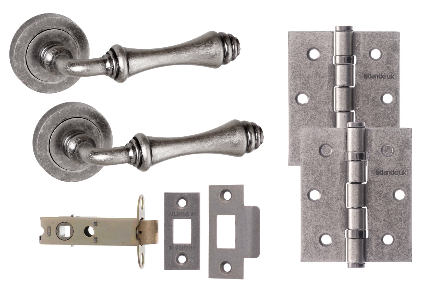 An image of Durham Door Lever Latch And Hinge Pack Distressed Silver