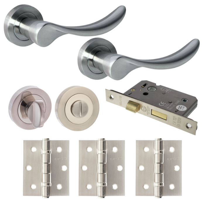 An image of Malaga Satin Nickel Door Lever Privacy/WC Pack (Round)