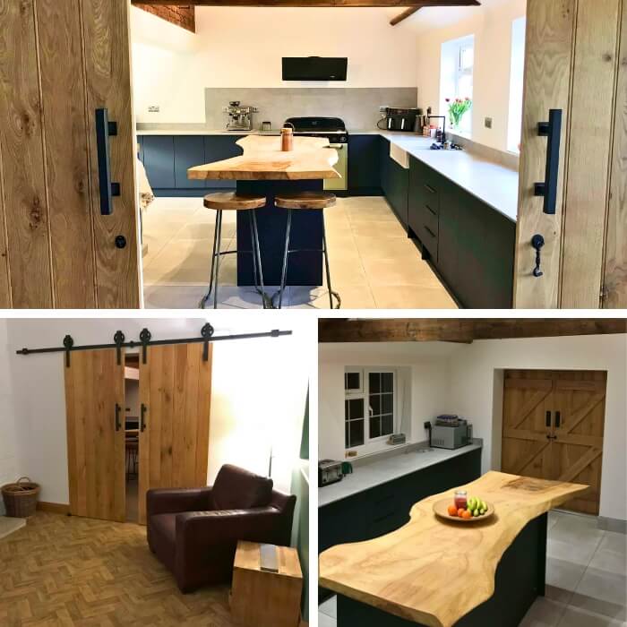 Collection of Solid Oak Doors including Sliding doors into a Kitchen of a cottage house