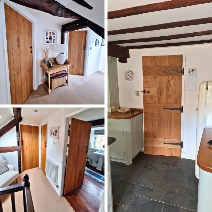 Oak internal doors in a cosy cottage interior, featuring exposed wooden beams and warm decor.