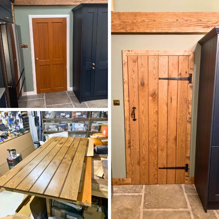 Before and After Installation of Rustic oak internal doors in a traditional kitchen setting,